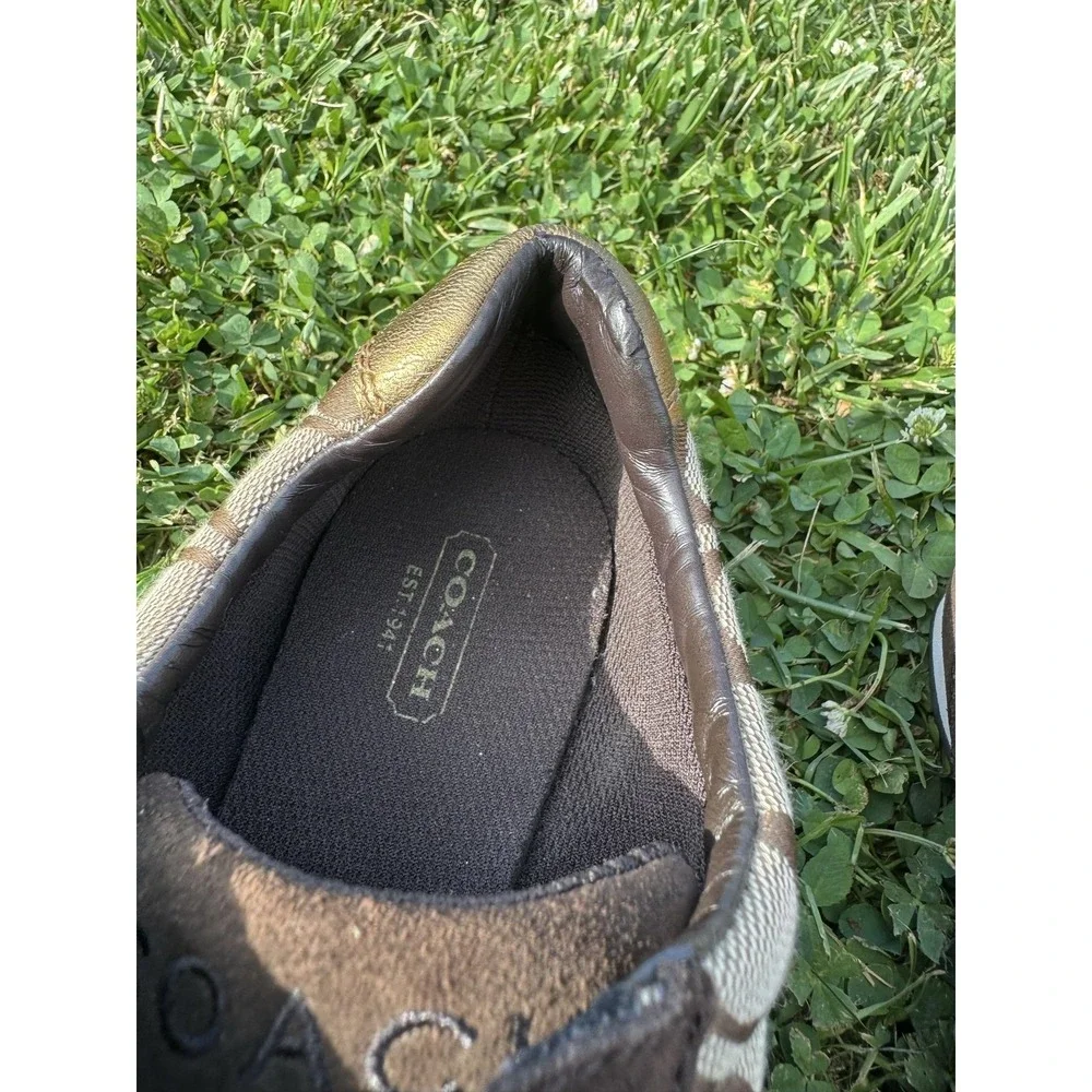 Coach Women's Signature Canvas Hook & Loop Sneakers Brown Khaki Logo Shoes